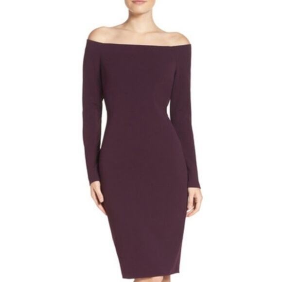 Eliza J off shoulder sheath dress bodycon eggplant purple wine merlot size 12 - Picture 1 of 14